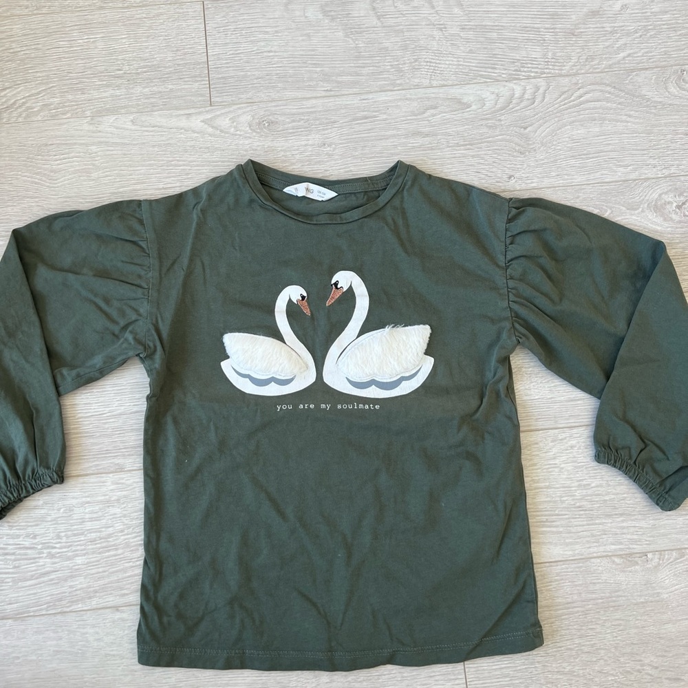 Mango Kids Long Sleeve Tee in Dark Green with Swan Design
